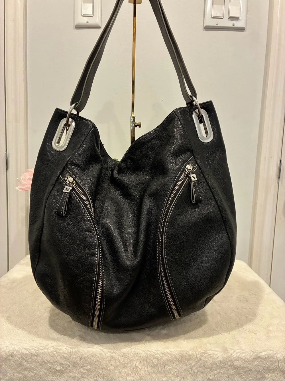 MAXX New York Black Leather Studded Hobo Bag Leopard Scarf Rocker Y2K